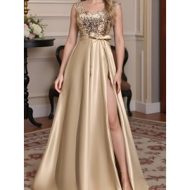 A formal evening gown with champagne colored elegant party sequins spliced high slit to the thigh back, a fashionable French wedding dress, suitable for party dinners/music performances/speech occasions, long dresses