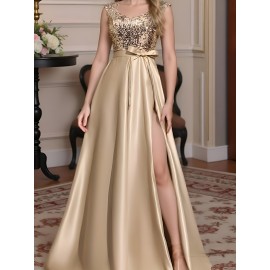 A formal evening gown with champagne colored elegant party sequins spliced high slit to the thigh back, a fashionable French wedding dress, suitable for party dinners/music performances/speech occasions, long dresses