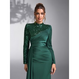 Emerald Green Sequin & Beaded Long Sleeve Bridesmaid Gown - Elegant Stand Collar Evening Dress for Weddings, Prom, Formal Events - All-Season Polyester Evening Dress for Women, Wedding Guest Attire | Sophisticated Bridesmaid Dress | Sequin Embellishments