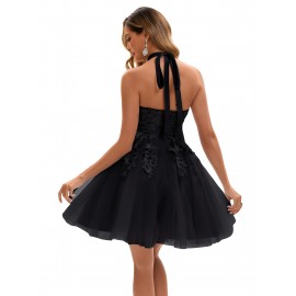 [Elegant Wedding Dress] Elegant Lace Women's Wedding Dress | Sleeveless A-Line Flared Skirt with Round Neck, Built-In Chest Pads & Hand Washable Design for Bridal & Formal Events