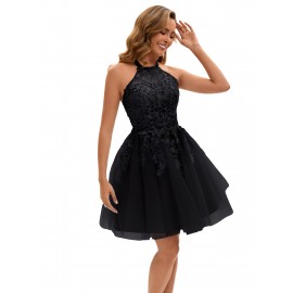 [Elegant Wedding Dress] Elegant Lace Women's Wedding Dress | Sleeveless A-Line Flared Skirt with Round Neck, Built-In Chest Pads & Hand Washable Design for Bridal & Formal Events