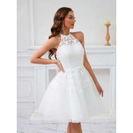 [Elegant Wedding Dress] Elegant Lace Women's Wedding Dress | Sleeveless A-Line Flared Skirt with Round Neck, Built-In Chest Pads & Hand Washable Design for Bridal & Formal Events