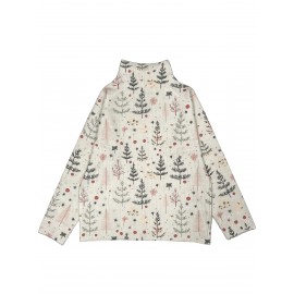 Women'S Elegant High-Neck Sweater with Tree Print - Soft Beige, Long Sleeve, All-Season Wear, Perfect for Casual or Chic Outfits, Versatile Clothing | Chic Knitwear | Texture