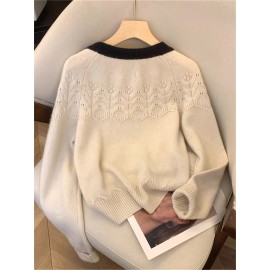 Elegant French-Style Color Block Long Sleeve Sweater with Bow Tie Detail, Round Neck, Button Front, Ribbed Cuffs - Perfect for Spring/Summer/Fall/Winter Outings and Valentine'S Day, Cute Sweaters