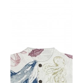 [Vibrant Marine Cardigan] Soft & Vibrant Women's Casual 3D Marine Animal Print Cardigan | Long Sleeve, Button-Up, Round Neck, Sea Creature Design, Hand Wash or Dry Clean, All-Season Comfort, Ocean Theme, Comfortable Layering, Youthful Style, Textured