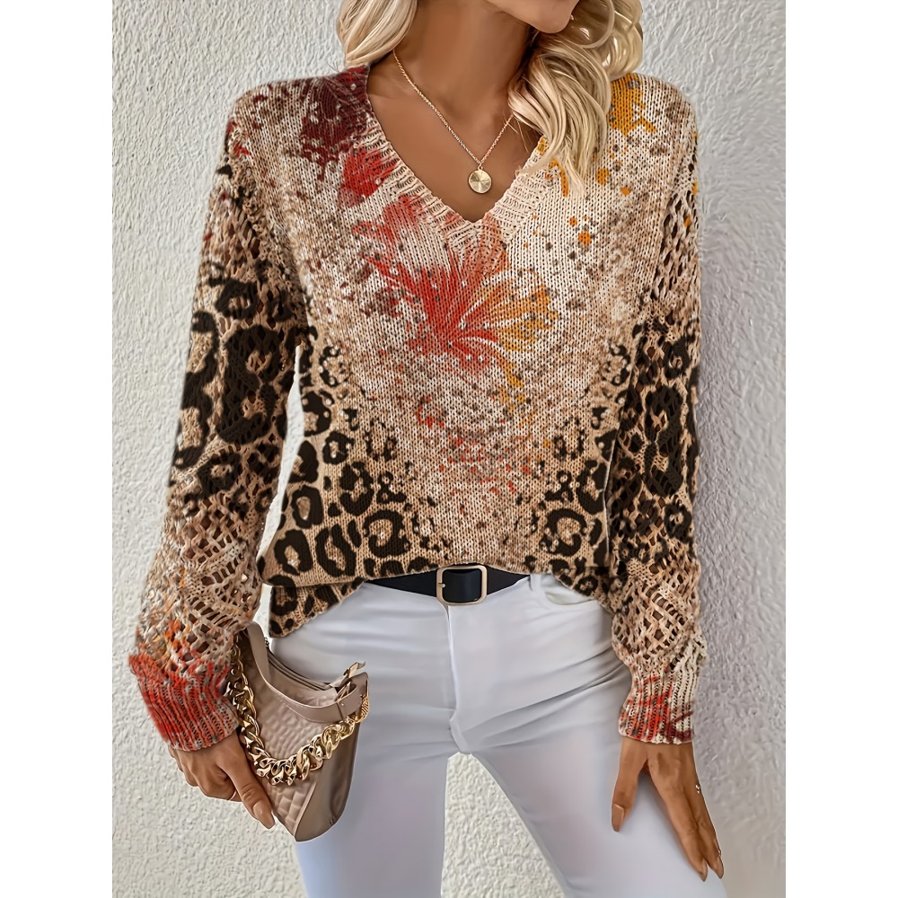 Elegant Bohemian V-Neck Long Sleeve Top for Women - Chic Floral Print, All-Season Versatile Pullover with Ruffled Sleeves, Perfect for Office, Streetwear, Home & Travel, Versatile Fashion|Vneck Top|Allseason Top