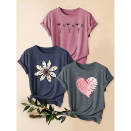 3pcs Women'S Floral Print T-Shirts - Casual Crew Neck, Short Sleeve, Medium Stretch Summer Tops with Heart & Flower Design, Plus Size, Fashionable for Commute, Vacation & Casual Attire