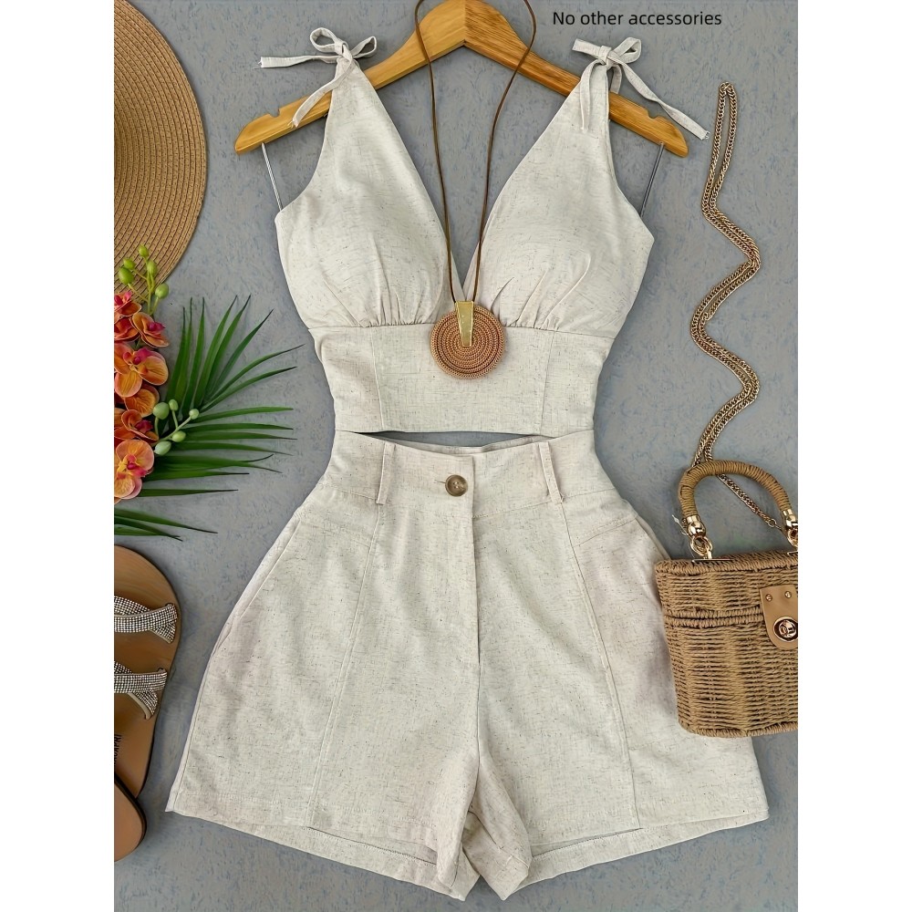 [Vintage Corset Top Set] Vintage Style Women's Elegant Sleeveless Corset Top & High-Waisted Shorts Set - Solid Color, Button Detail, Regular Fit, Spring/Summer Collection