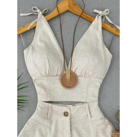 [Vintage Corset Top Set] Vintage Style Women's Elegant Sleeveless Corset Top & High-Waisted Shorts Set - Solid Color, Button Detail, Regular Fit, Spring/Summer Collection