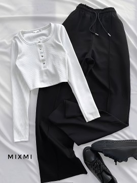 Casual Stretch Slim Fit Crew Neck Button Pullover T-Shirt + Elastic Waist Wide Leg Pants Long Set
