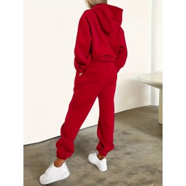 [Chicago U.S.A. Print Hoodie Set] Red Polyester Women's Chicago U.S.A. Letter Print Hoodie & Pants Set - Drawstring, Machine Washable Casual Outfit
