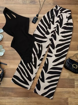 Women's 2pcs Sleeveless Off-Shoulder High-Waisted Set - Black & White Geometric Zebra Stripe Wide-Leg Pants & Top, Non-Stretch Summer Outfit for Beach, Casual Semi-Formal Wear, 2pcs Outfit Set (No Accessories Included)