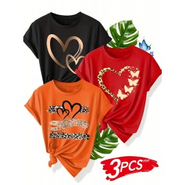 [3pcs Retro Tees] 3pcs Retro Love Heart Graphic Tees | Casual Short Sleeve Women's T-Shirts in Beige, Red & Orange with Golden Accents, Soft Polyester Blend