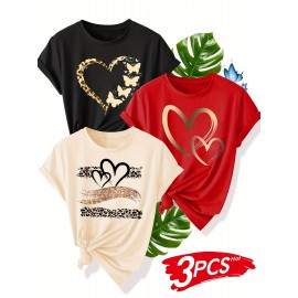 [3pcs Retro Tees] 3pcs Retro Love Heart Graphic Tees | Casual Short Sleeve Women's T-Shirts in Beige, Red & Orange with Golden Accents, Soft Polyester Blend
