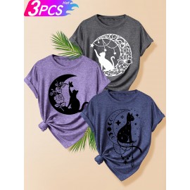 Creative Moon Cat Pattern Three-Piece Set: Family, Friends, Sisters - Printed Fashion Retro Style Women's Summer Casual Sporty Round Neck Short Sleeve T-Shirt in Multiple Colors