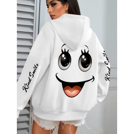 Plus Size smiling face Print Hoodie, Casual Fashion Sweatshirt, Hooded Pocket Drawstring Sweatshirt for Fall & Winter, Women's Clothing