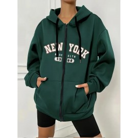 Women's Plus Size New York Graphic Hoodie - Casual Gray Zip-Up Sweatshirt with Kangaroo Pocket, Long Sleeves, and Ribbed Cuffs, Cute Hoodies