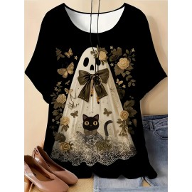 Plus Size - Plus Size - Women'S Plus Size Halloween T-Shirt - Cute Ghost & Pumpkin Print, Casual Crew Neck Short Sleeve Top, Medium Stretch, Non-Transparent, Machine Washable, Festive Summer Fashion, Halloween Apparel | Playful Print Top | Stretchy Fabric