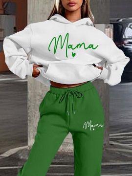 Women's Mother's Day Fashion Casual Sporty Mama Letter Heart Print Set, Premium Autumn/Winter Trendy Youthful Fleece Hoodie and Jogger Pants Two-Piece Outfit, Versatile Hooded Suit, Women's Clothing, Gift Choice