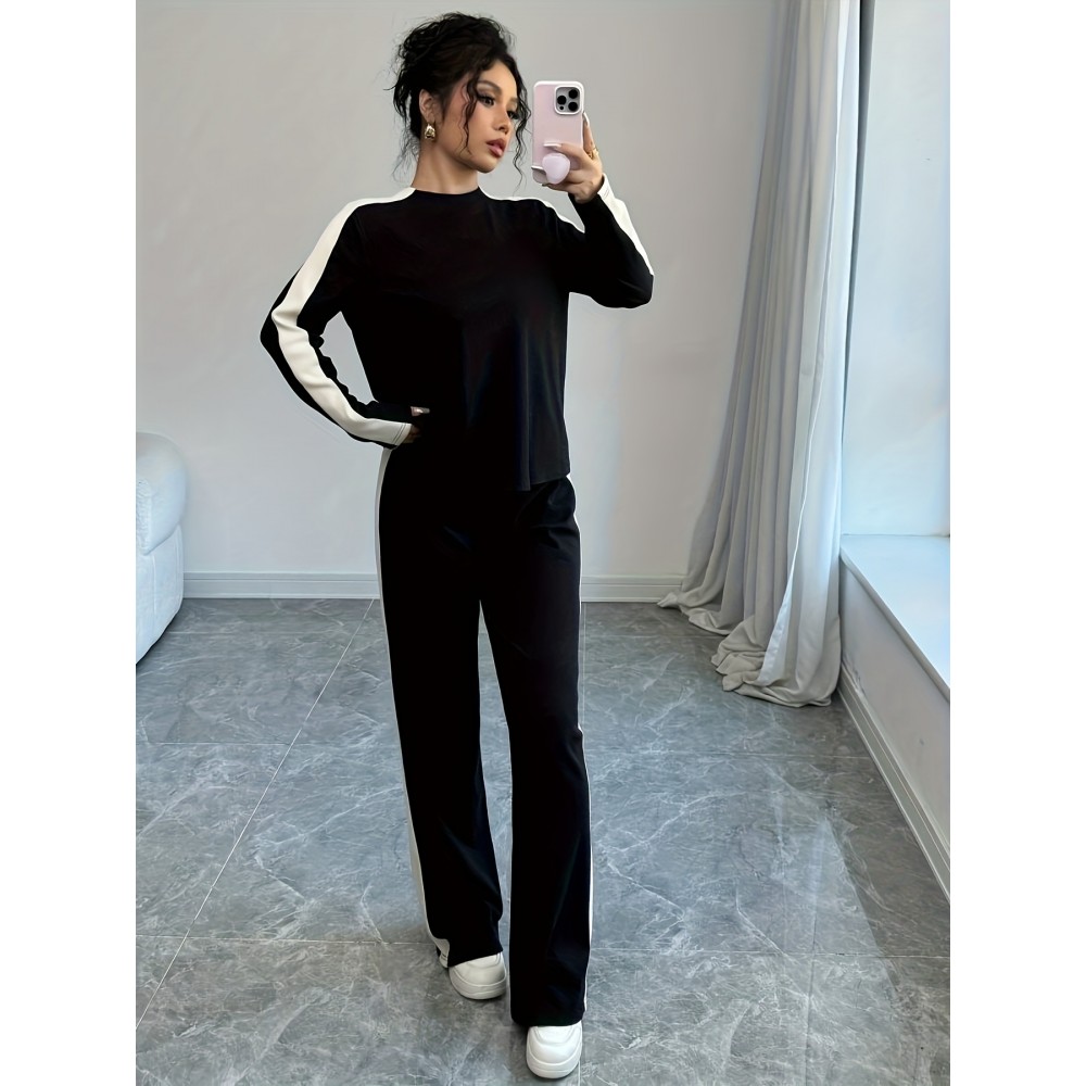 2pcs Women'S Fashion Striped Contrast Color Round Neck T-Shirt and Long Pants Set, Casual Style, Long Sleeve, Loose Fit, Fall/Winter Collection, Pullover Top, Regular Fit, No Belt, Casual Attire|Striped Pattern|Loose Fit Pants